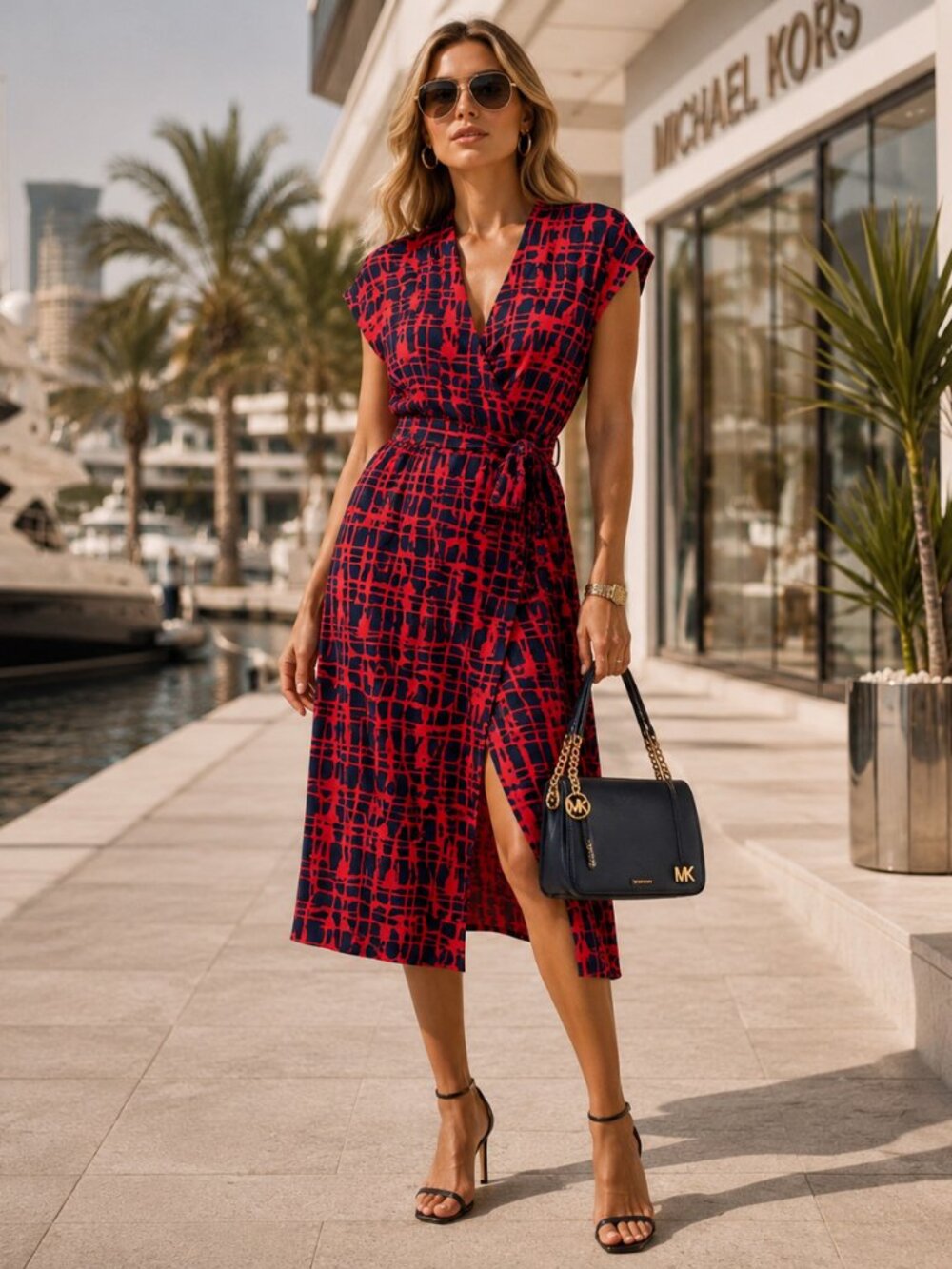 Michael Kors Wrap Dress M Red Blue Abstract Print Knee Length Tie Waist Stretch
